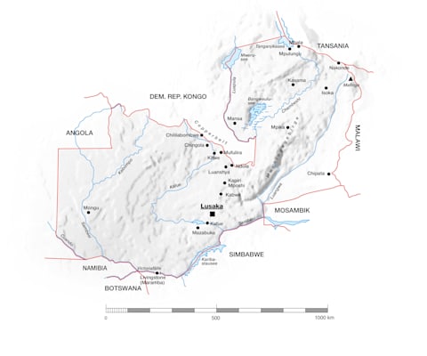 Sambia: Topografische Landkarte