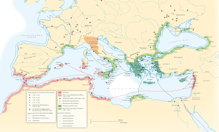 Mittelmeerraum: Expansion der Phönizier und Griechen im Mittelmeerraum (phönizische/griechische Kolonisation), 900-500 v. Chr.